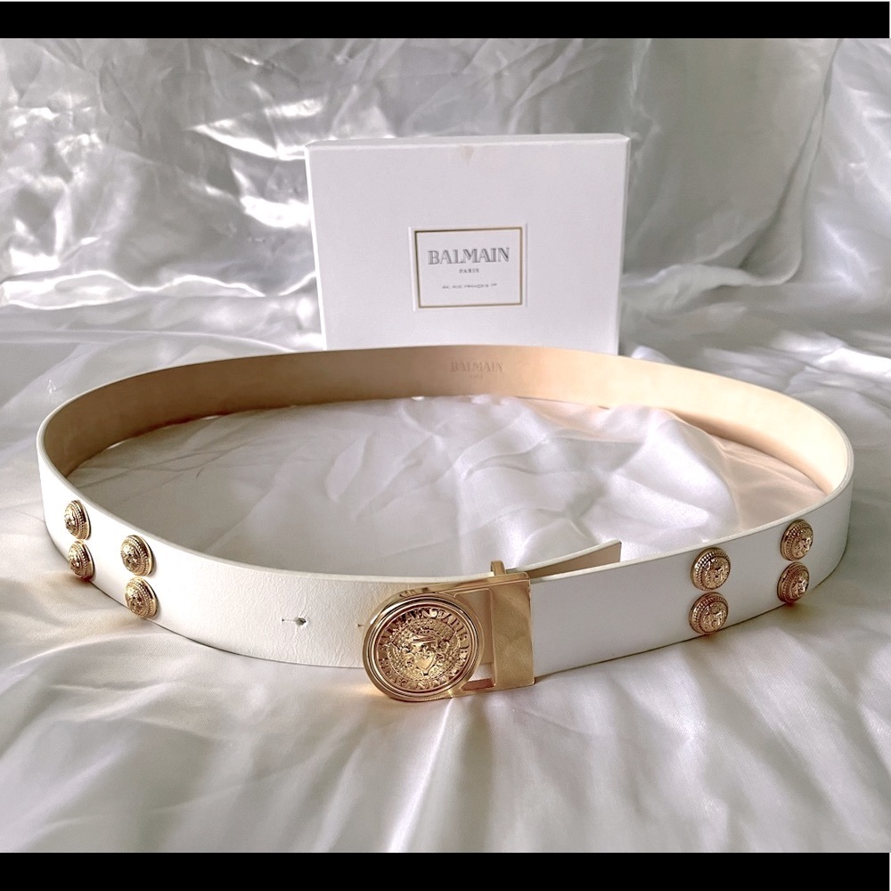 Balmain white leather belt with gold details (105)